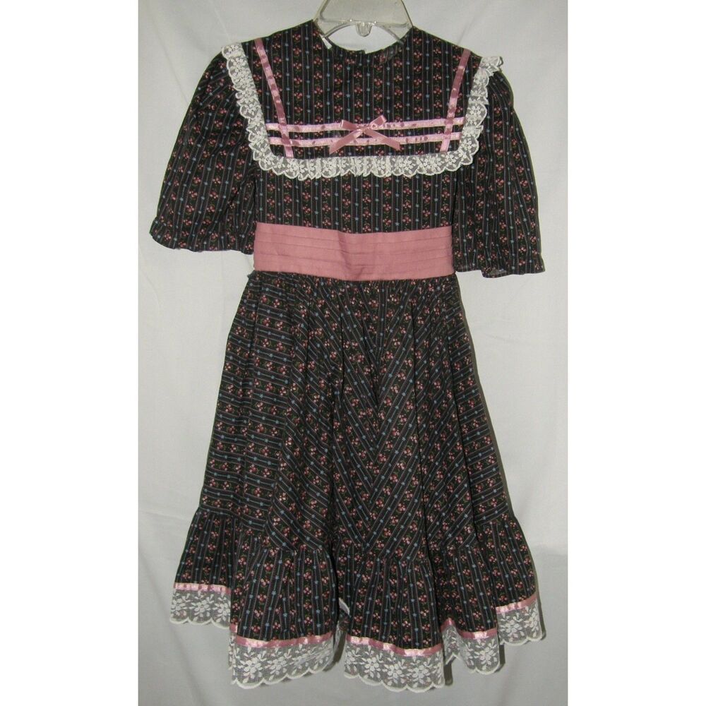 Vintage Girls Sz 10 Floral Tie Back Lace Trim Fit & Flare Church Dress MINIWORLD